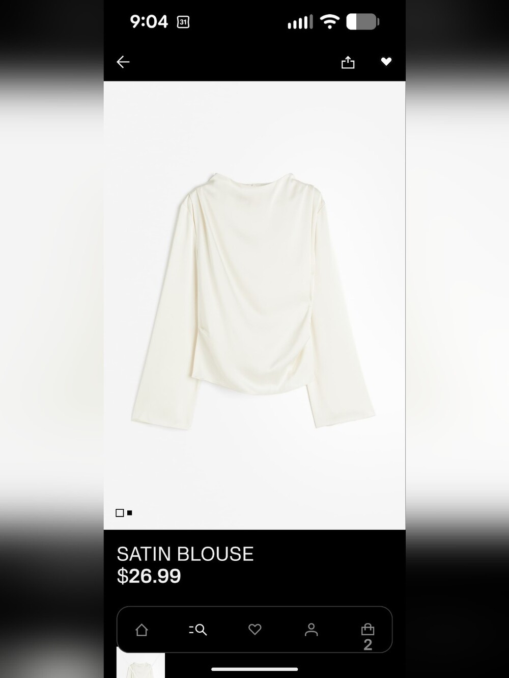 NWT H&M- Satin Blouse - Cream Long-Sleeve- Sz L